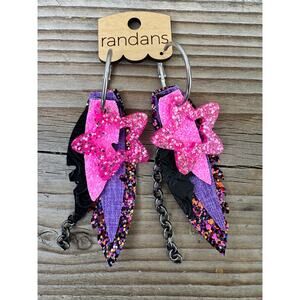 Pink Glitter Star Statement Earrings Boho Western Cowgirl Fringe Chain Dangle